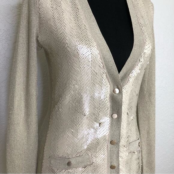 Cache champagne gold sequin front button cardigan sweater size Medium - Picture 3 of 16